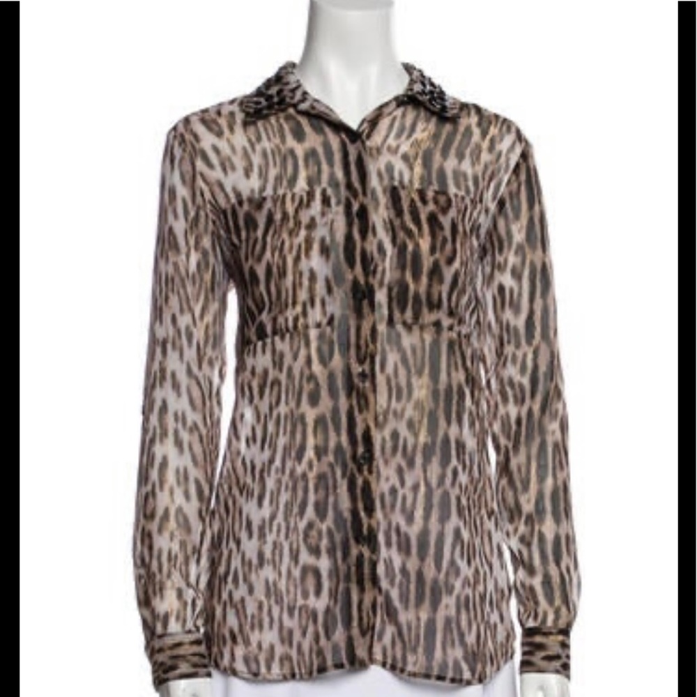 MICHEAL KORS leopard print roll sleeve camp shirt with beaded collar NWT